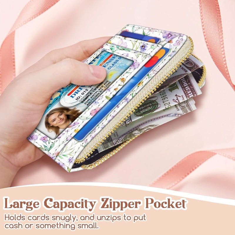 GIANCOMICS Slim Wallet Credit Card Holder Women, Purple Flower Rfid Blocking Small Card Case, Keychain Thin Pocket Curved Zipper Wallet, Travel Card Holder PU Leather ID Window, Ladies Female Gifts - Image 3
